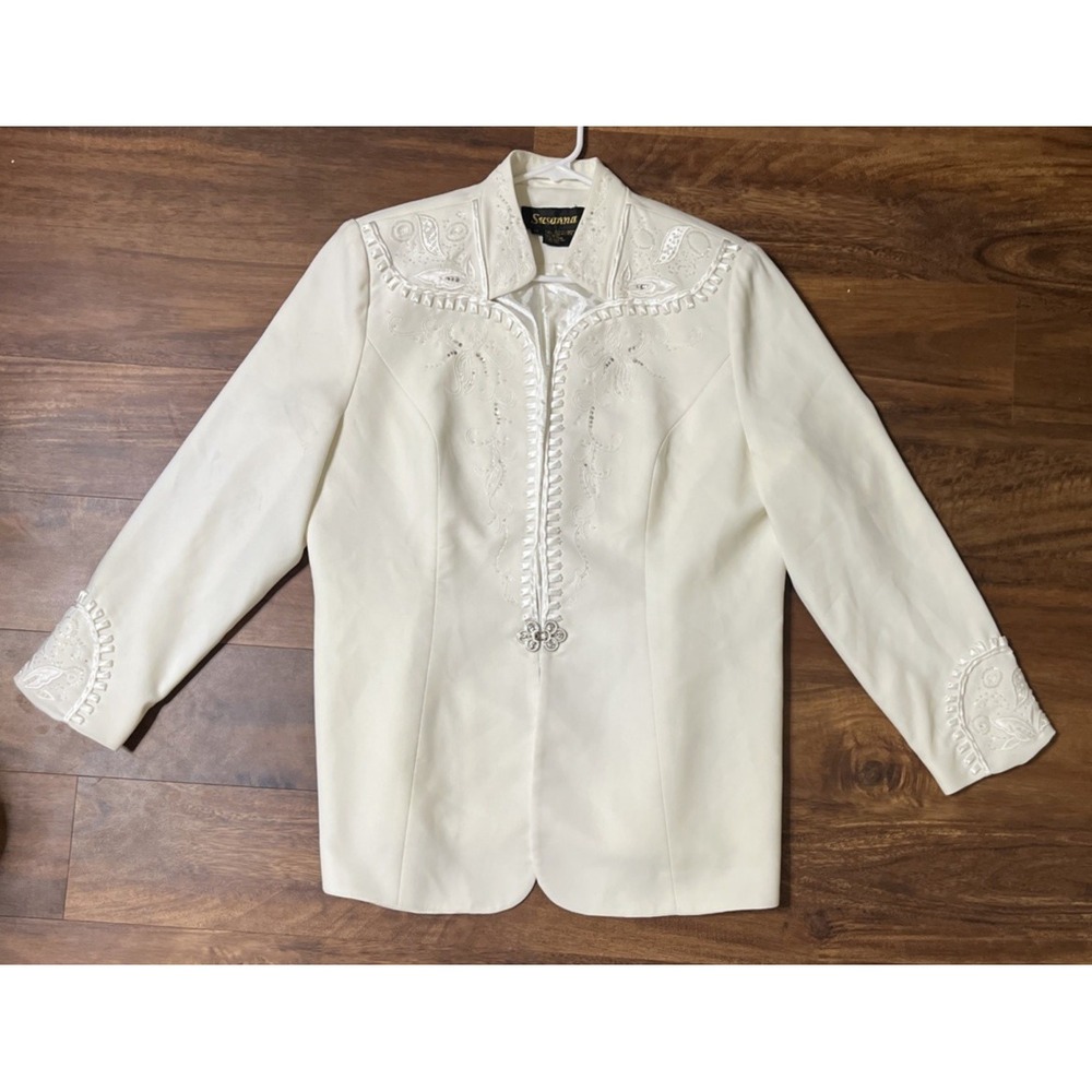 SUSANNA Embellished Ivory Skirt Suit Jacket Blazer Church Size 16